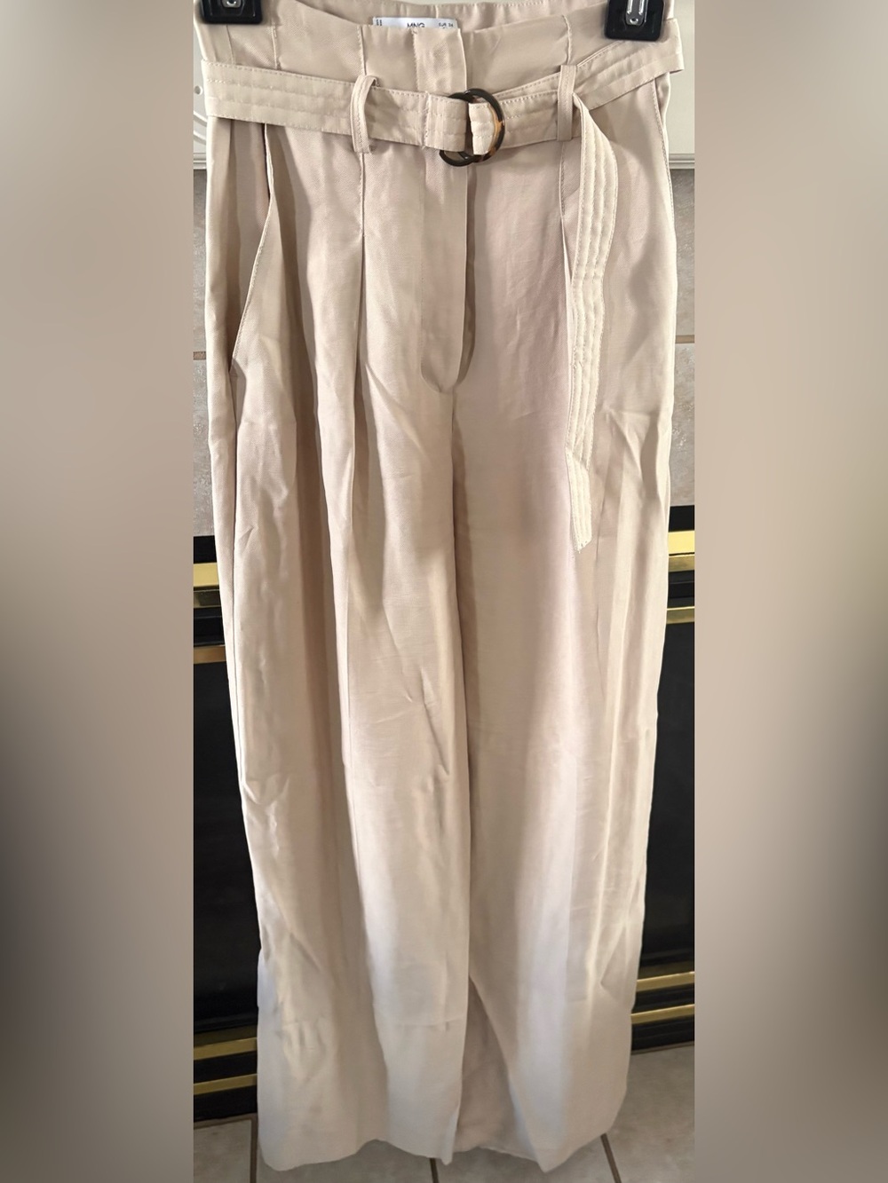 High-Waist Pleated Wide-Leg Trousers with D-Ring Belt - Beige